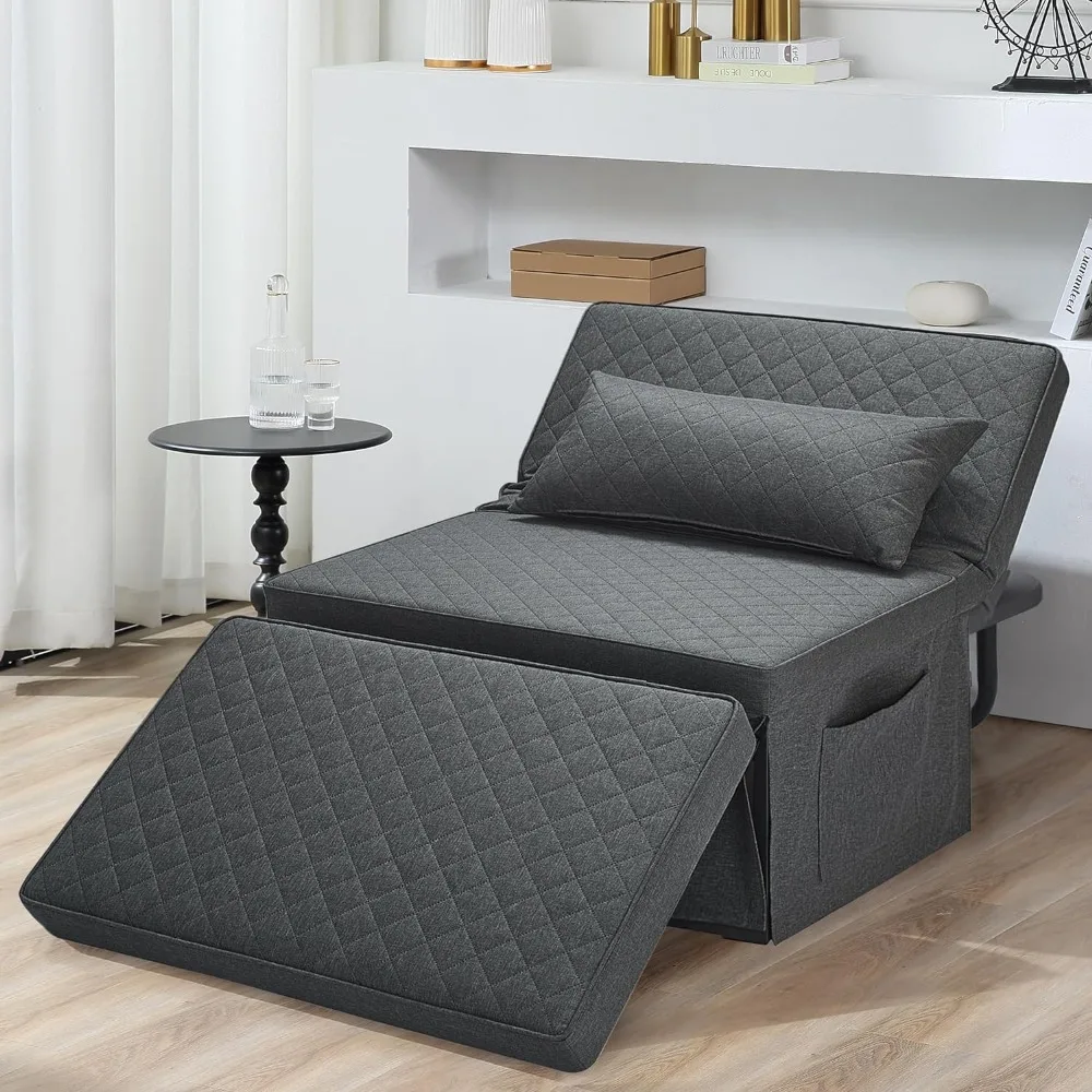 4 in 1 Multi-Function Folding Ottoman Breathable Linen Couch Bed with Adjustable Backrest Convertible Chair ,Squared-Linen