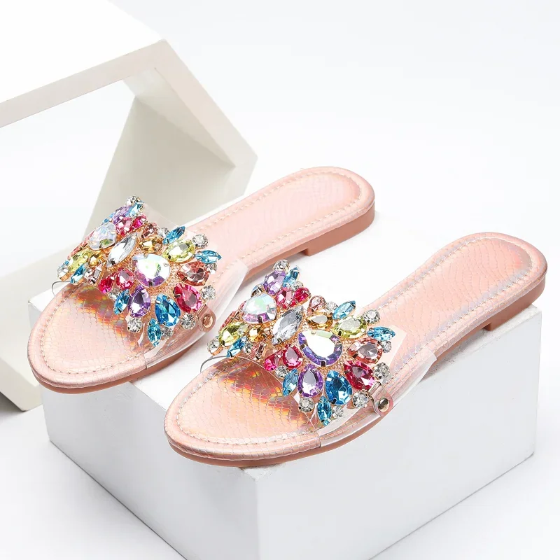 

Glitter Mixed Color Gemstone Flat Sandals for Women Sexy Open Toe Designer Slippers Comfort Non-Slip Beach Shoe Zapatos De Mujer