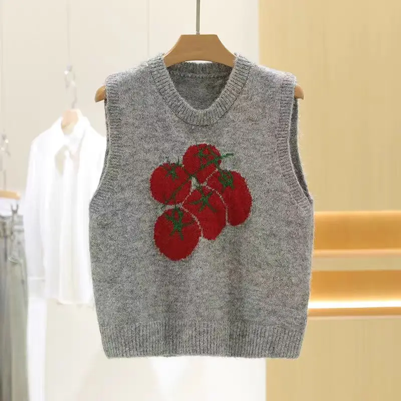 

Vegetable Tomato Jacquard Korean Casual Knitted Vests Women Sweater Sleeveless O-neck Loose Versatile Waistcoat Vests Tops 2026