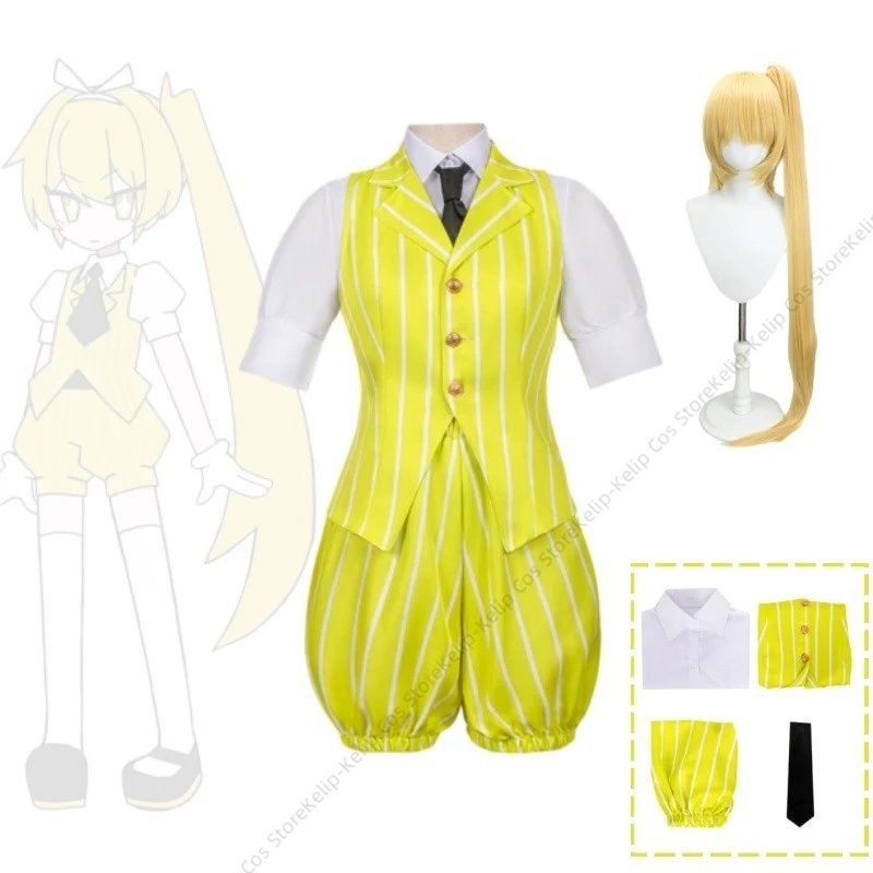 Akita Cosplay Costume Neru Mesmerizer Hypnotist Yellow Striped Vest Shorts Shirt Tie Halloween Anime Role Play Outfit