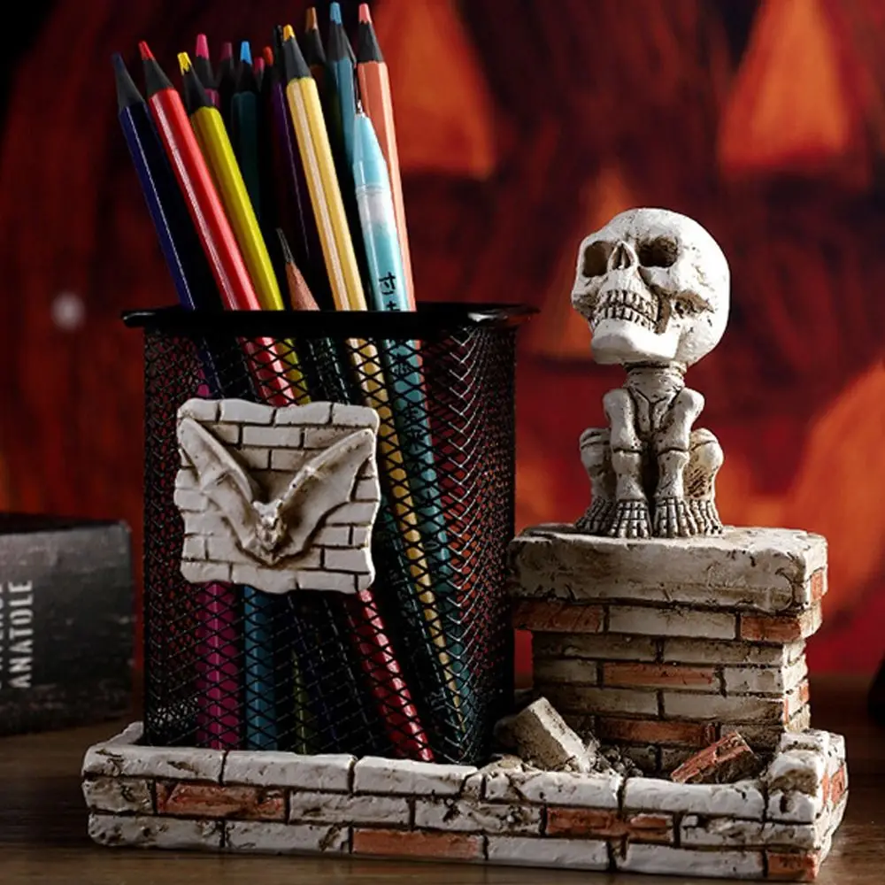 Spaventoso Halloween Teschio Portapenne Artigianato in resina Festival Scheletro Statua Ornamento Divertente Scheletro Portaspazzolino Casa stregata