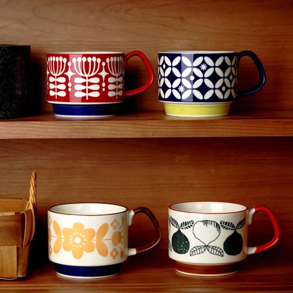 Simple 300ml Japanese Coffee Mug Underglaze Painting Floral Pattern Milk Oatmeal Cup Ceramic Stackable Tea Cup Couple