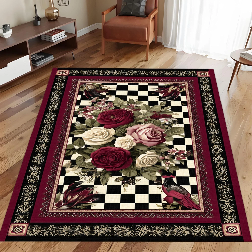Checkboard Rose Bird Vintage graphics carpet,lounge dinner table floor mat,hallway,dining room Welcome rug,Non Slip Rug,Souvenir
