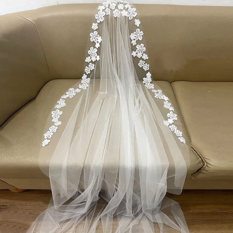 

Свадебная фата с романтическими цветами и расческой, белая слоновая кость, один слой, длинная фата Mori, 3 м * 1,5 м, свадебная фата невесты по индивидуальному заказу