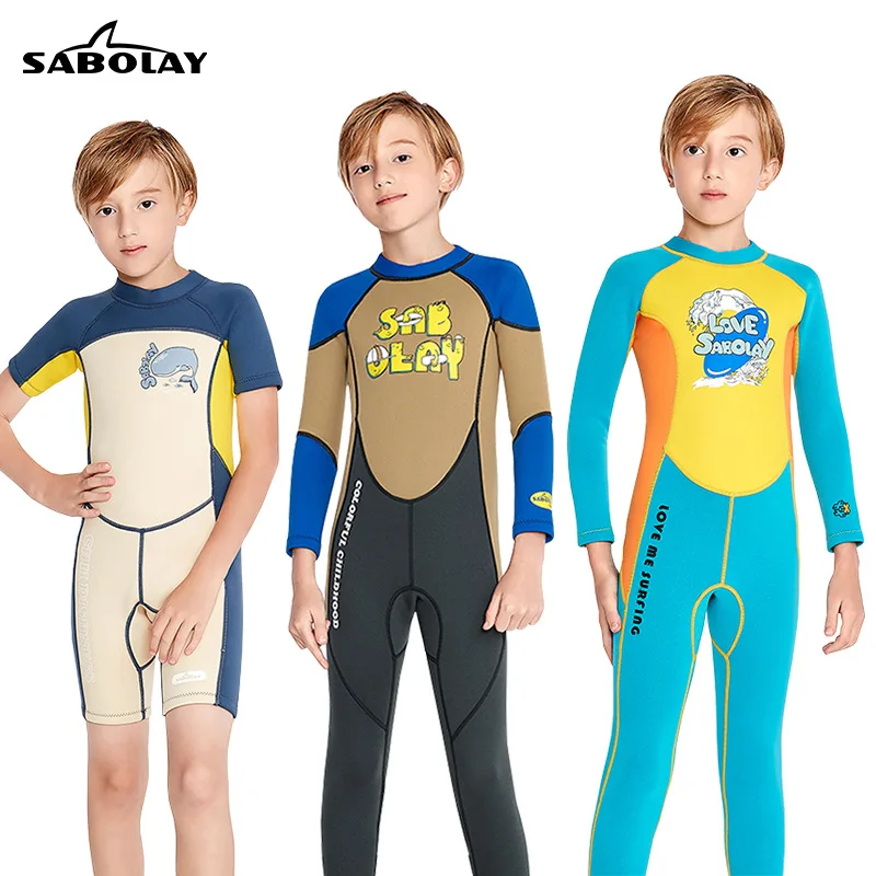 

SABOLAY Children Diving Suit 2MM Boy One-Piece Warm Wetsuit Long Sleeved Sunscreen Surfing Swimsuit