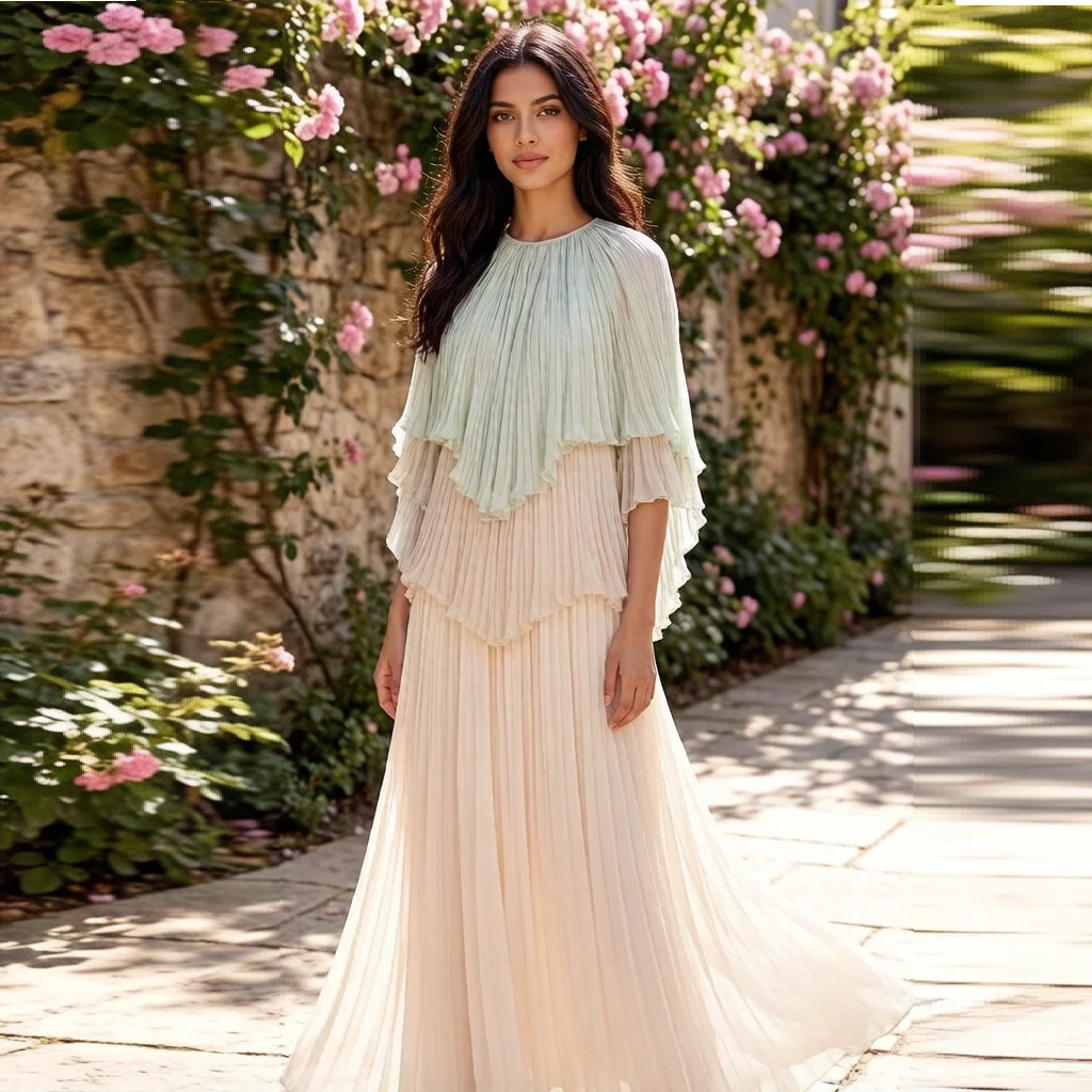 Vestido Maxi de Gasa Beige Menta con Volantes para Mujer, Estilo Capa, Plisado, Vestido de Noche Bohemio para Invitadas de Boda, con Dobladillo Asimétrico, Verano
