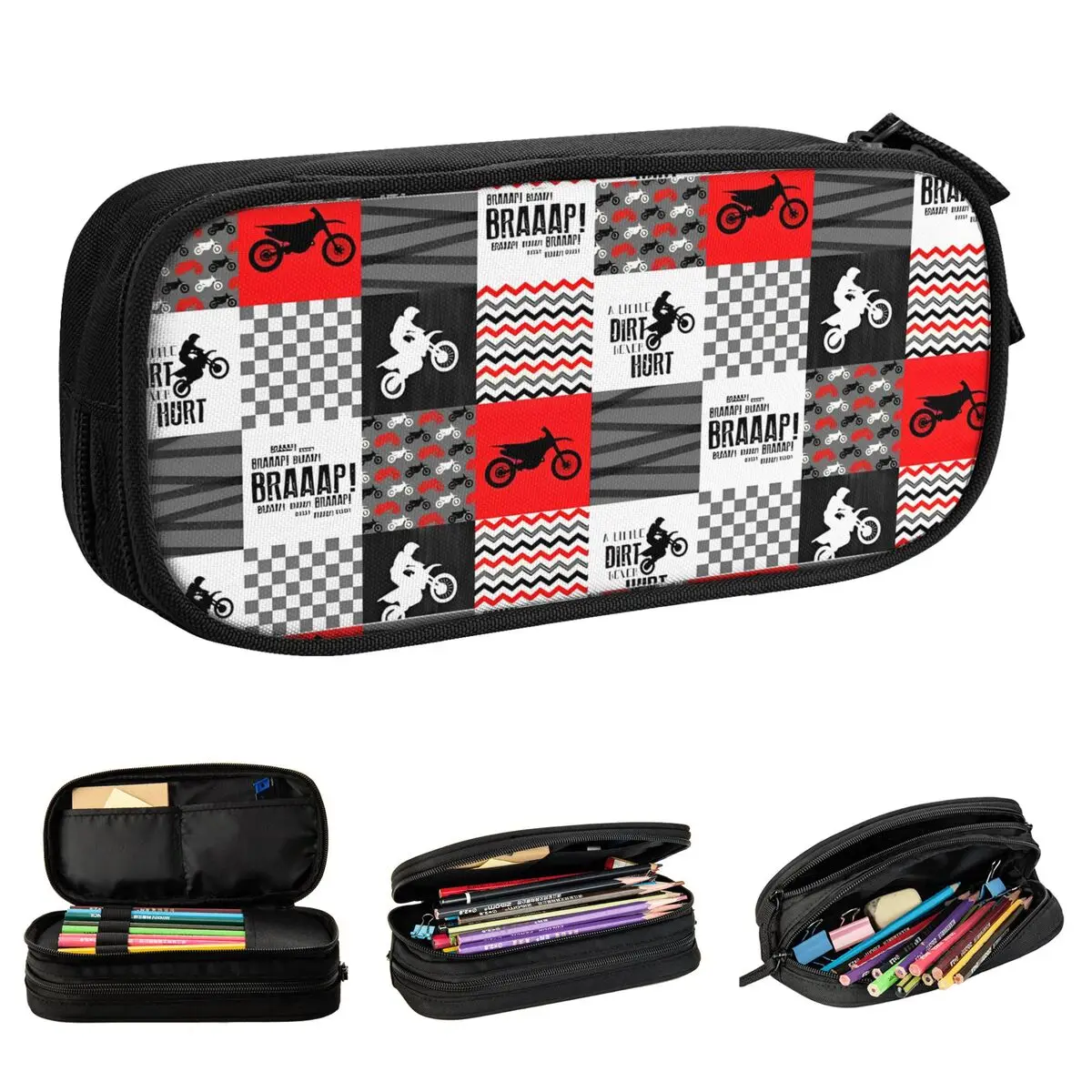 Dirt Bike Lover Motocross Motorcycle Pencil Case Cross-Rally Cartoon Pen Box Bag Large Storage School Supplies Zipper Pencil Box