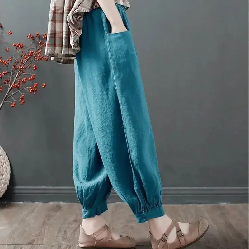 New Casual Solid Ankle Length Pantalones Thin Loose Big Pocket Harem Pants Women's Oversize 100% Cotton Linen Bloomers Vintage