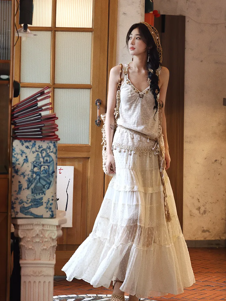 

Women's Boho 2 Piece Set Lace Trim Tassel Spaghetti Strap Cami Top Polka Dot Lace Patchwork Tiered Maxi Skirt Vacation Outfit