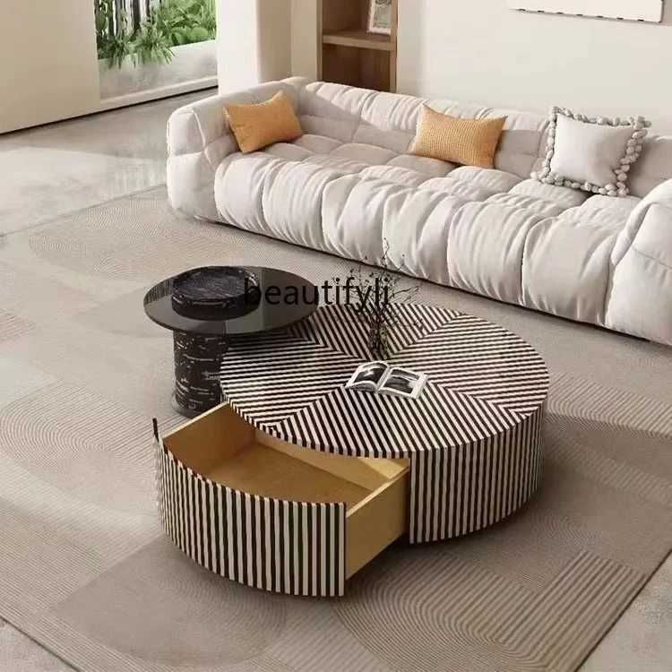 Italian Light Luxury Cream Style Zebra Stripes round Tempered Glass Creative Modern and Simple Living Room Coffee Table