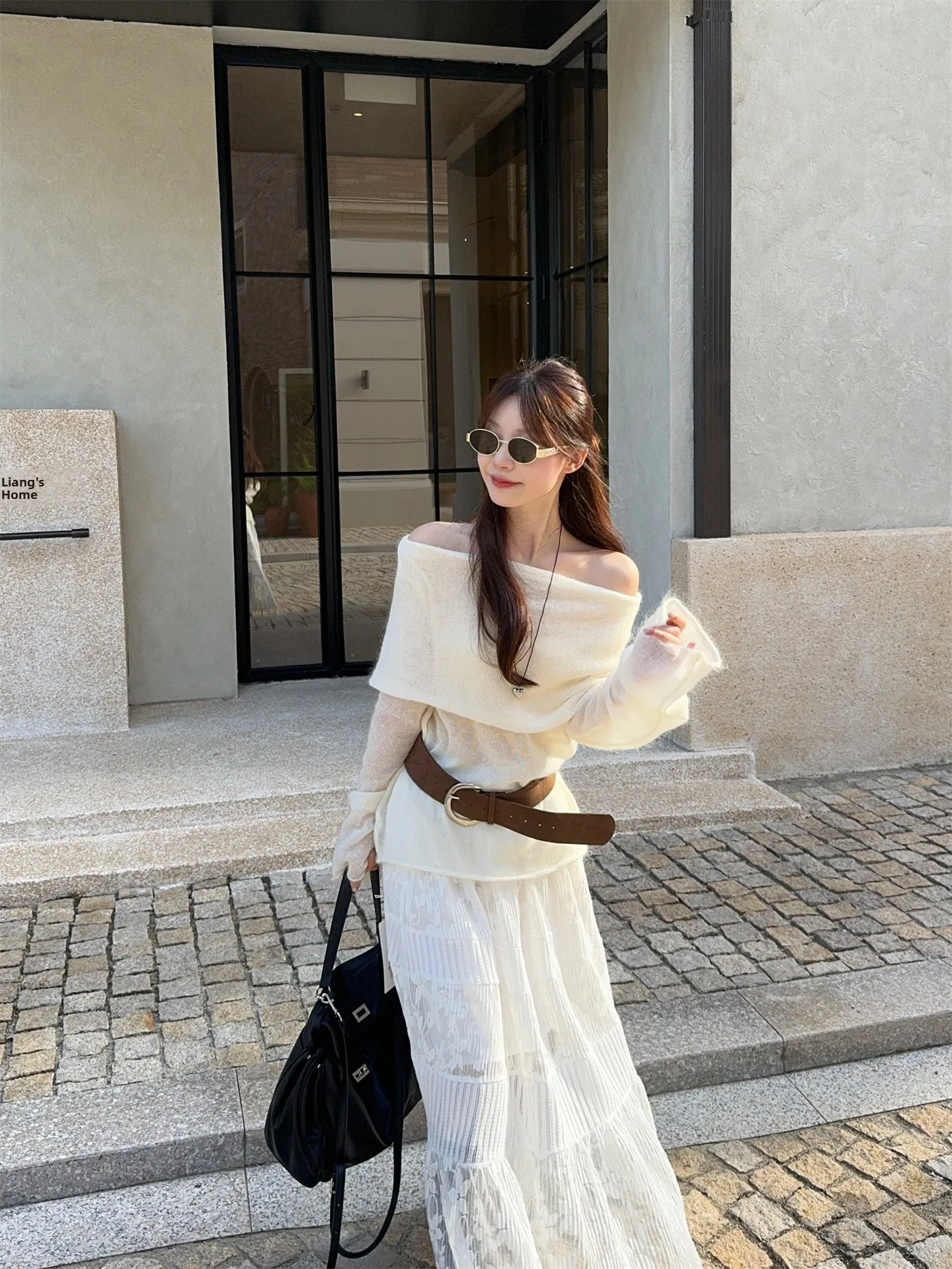 

Fashionable Kumikumi Knitted Lace Embroidery Set Soft One Shoulder Sweater Women Spring High Waist Skirt Two Pieces Set