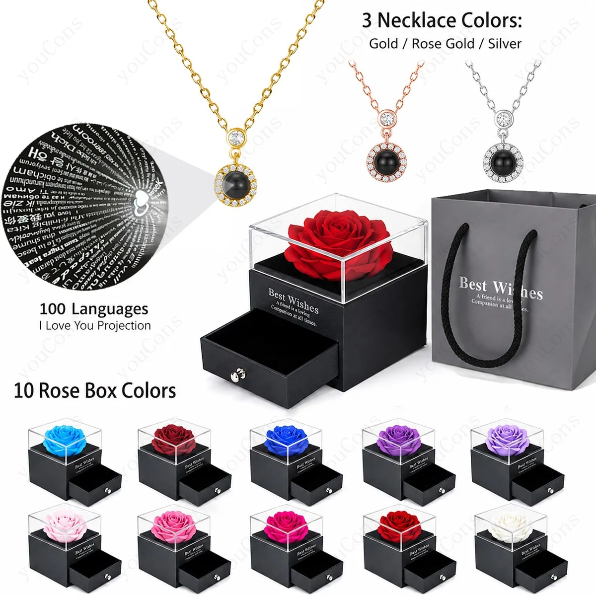 100 Languages I Love You Projection Necklace Round Pendant With Multi Color Rose Gift Box Valentine's Mother's Day For Women