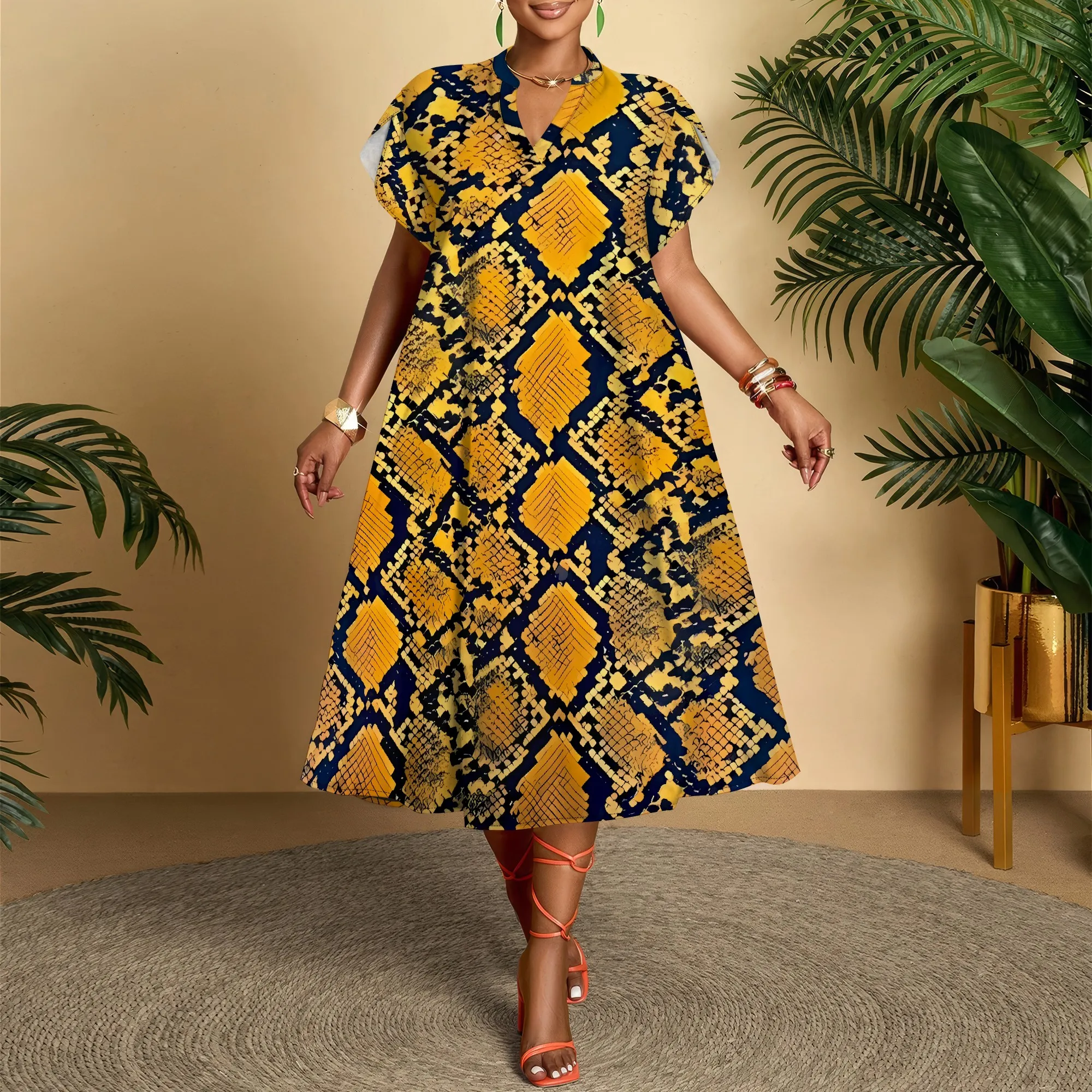 

Nupusa Snake Skin Print Dress for Women Regular Size Summer Casual V Neck Short Sleeve Midi Dress