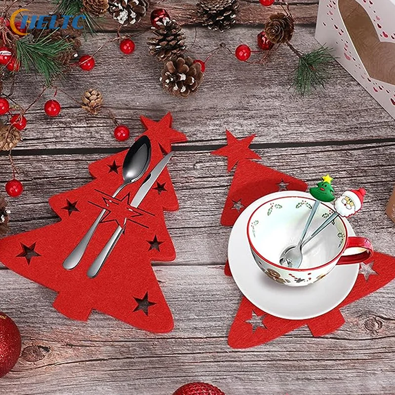 12Pcs Christmas Tree Shaped Felt Cutlery Mats With Stars Decor Durable For Home Christmas Festive Party Table Decor Accessories