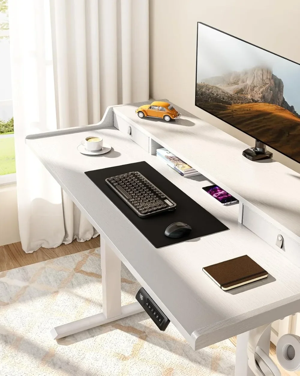 Mesa de jogos com suporte do monitor, Home Office altura ajustável com prateleira de armazenamento, branco, 4 alturas predefinidos, 48 in X 24 in