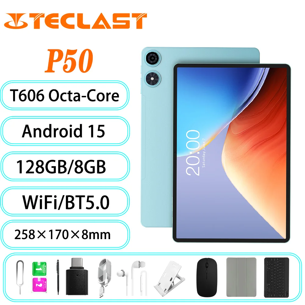 تابلت 2025 Teclast P50 أندرويد 15 8 النواة T606 8GB RAM 128GB ROM 11 بوصة 1280 × 800iPS بلوتوث 5 7000mAh Type-C 8MP + 5MP