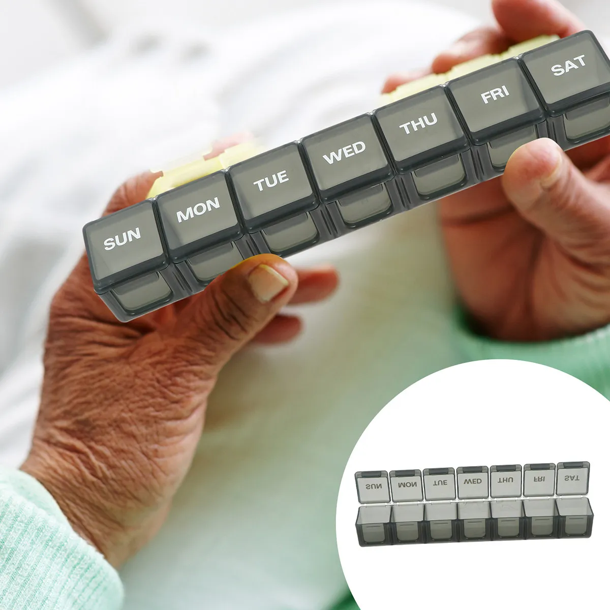 

Набор из 2 портативных органайзеров для таблеток с 7 отделениями, еженедельный контейнер для лекарств, удобный для путешествий, для хранения дозированных препаратов