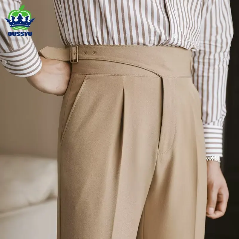 

Italian Naples Style Men's High Waist Spring Autumn Formal Trousers Business Straight Suit Pants Parisian Buckle No Ironing