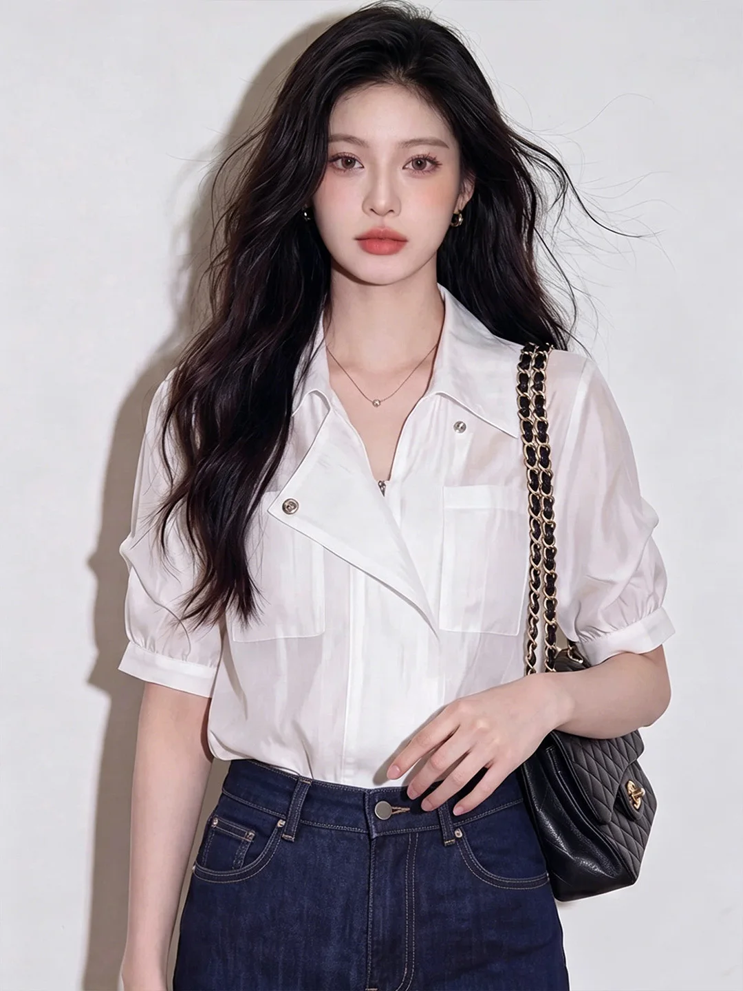 

Fashionable Commute Shirt Women's Short Sleeve Elegant Personality Korean Style Straight Cut Silk Top Unique Design Summer 2026