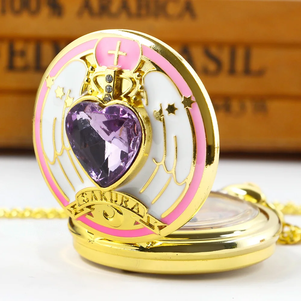 Luxury Purple Heart-shaped Gem Quartz Pocket Watch Sakura Accessory Pendant Necklace Chain Women Gifts CF1275