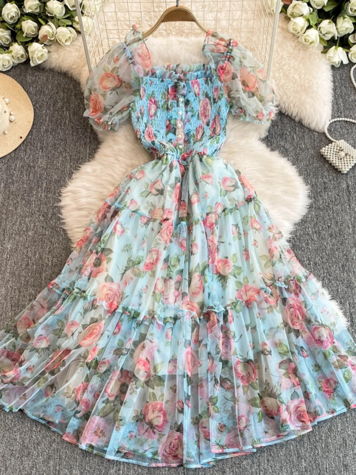 Ele Bloemenprint Vierkant Ne Dr Retro Sweetn Zout en Sweetn Initial Love Tea Break Rok Woon-werkverkeer Koreaanse Sle B...