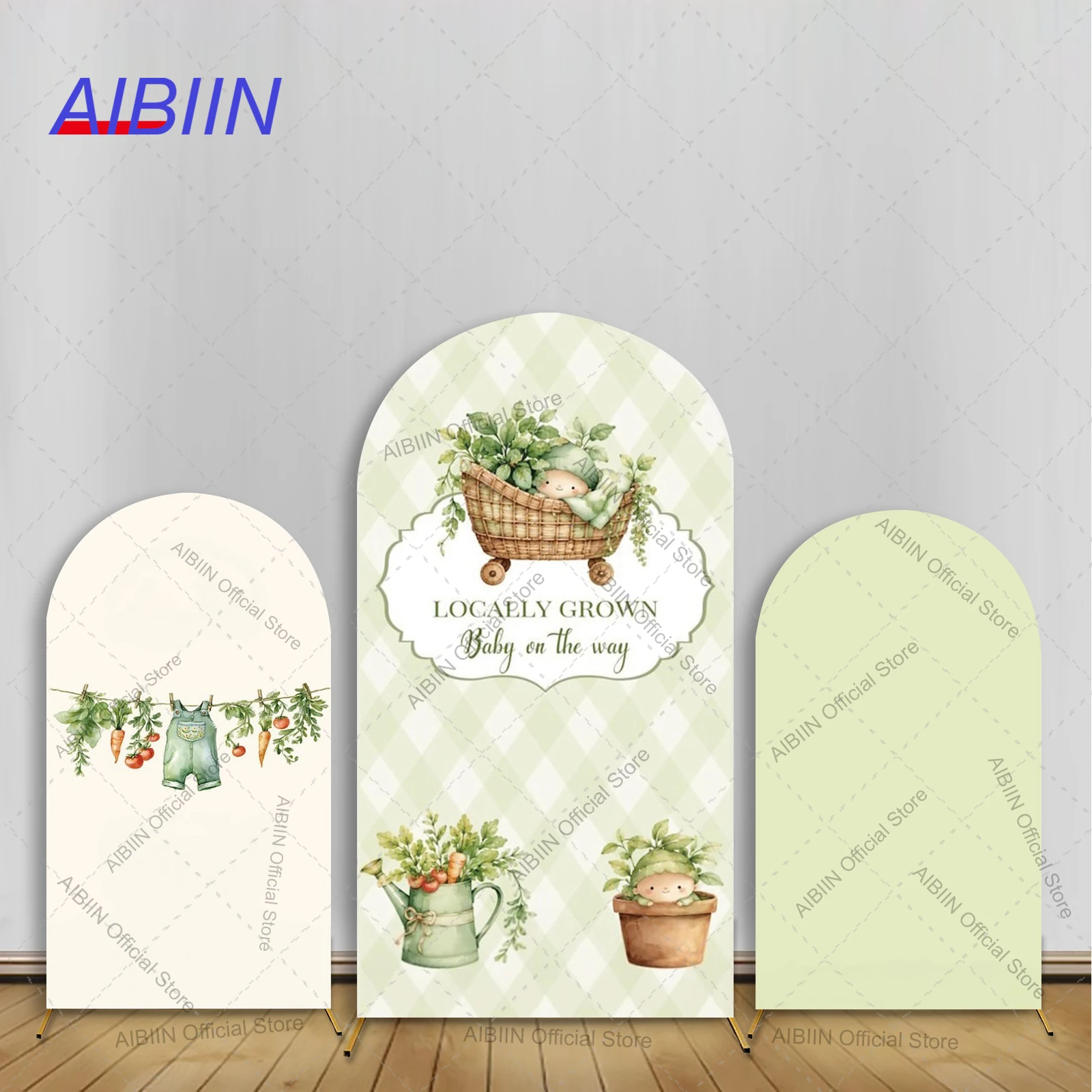 

Locally Grown Baby On The Way Arch Backdrop Cover Veggie Green Baby Cloth Carrot Boy Baby Shower Party Decor Background