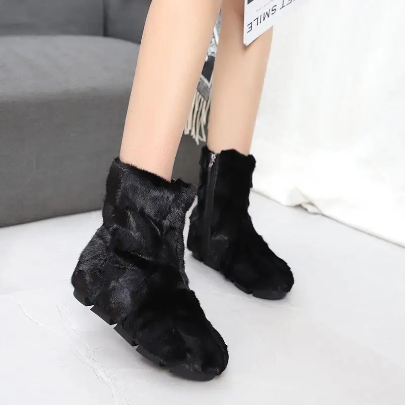 Mink Fur Women Winter Warm Boots Furry Flat Botines Mujer Platform Shoes Ladies Black Botas Femininas Skidproof Snow Fur Boots