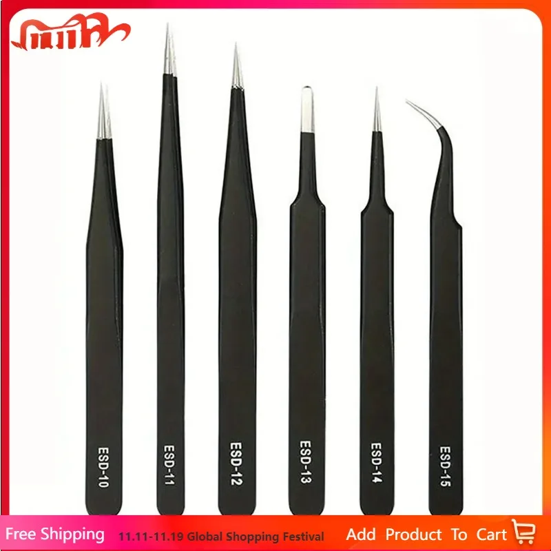 

Precision ESD anti-static tweezers set -6-pc stainless steel tool for electronic repair and process modeling, bending 2025