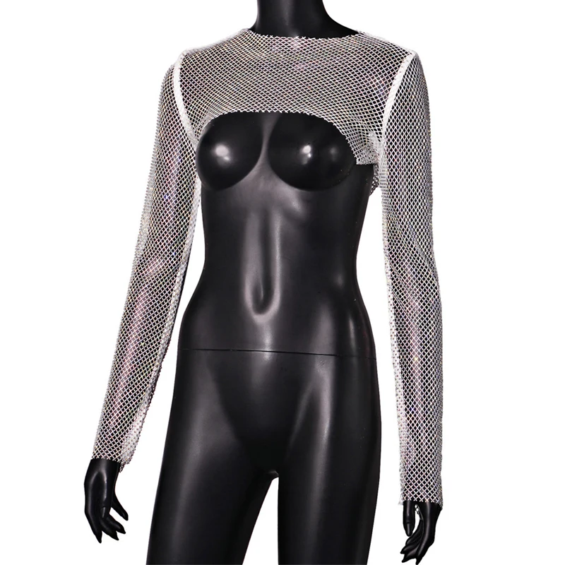 Damen Strass Netz Crop Top Langarm Hochgeschlossener Transparenter Fischernetz-Bluse Y2K Glitzer Party Clubwear mit Ausschnitten – Detail 13