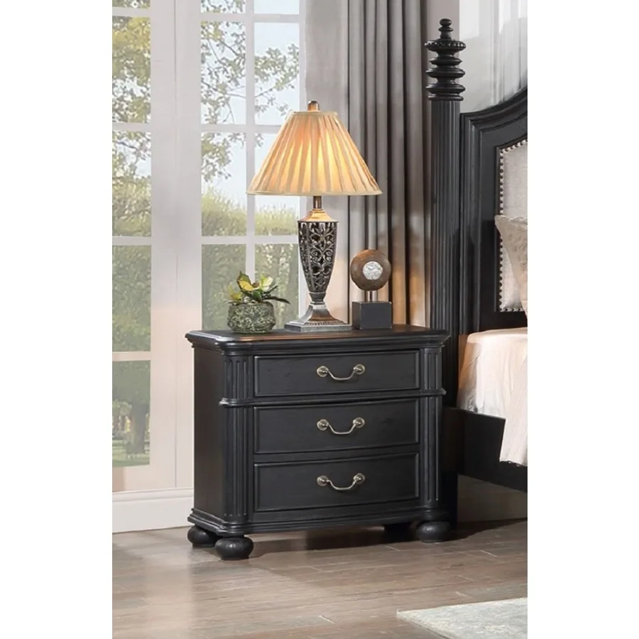 1 szt. Tradycyjny, antyczny uchwyt do szuflady, szafka nocna z 3 szufladami, czarno-szary, ciemny wykończenie, drewniane meble do sypialni