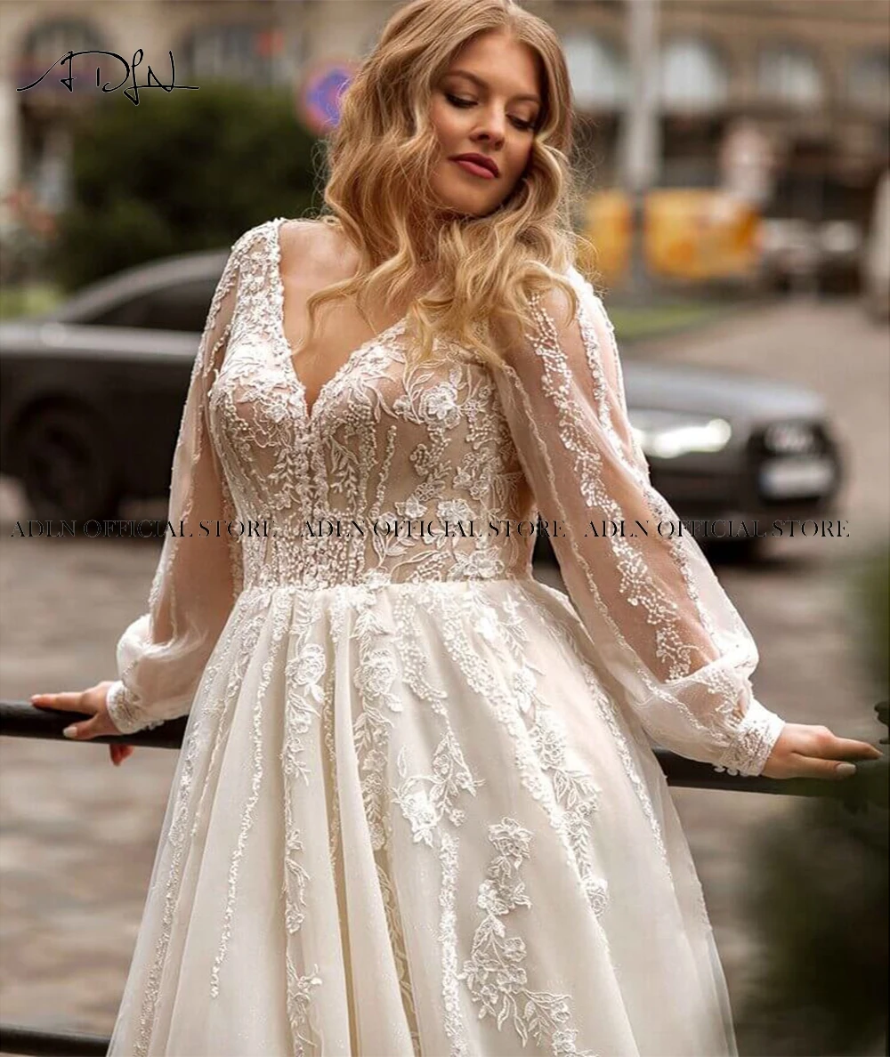 Gorgeous A-line Plus Size Wedding Dresses Customized Long Sleeve Bridal Gown Sweep Train Oversize Bride Dress Robe de Mariee