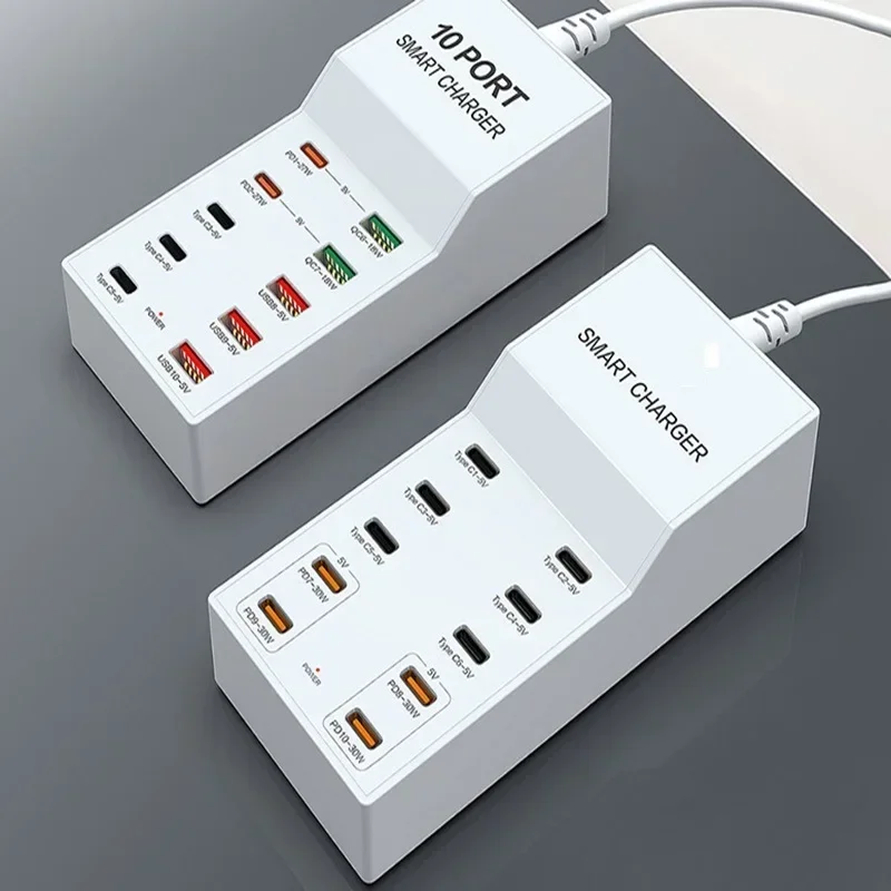 72W Multi Port USB Charging Station Type C PD 30W QC3.0 Charger Hub Extension Socket 10 port for iPhones 15 14 Por Max Tablets