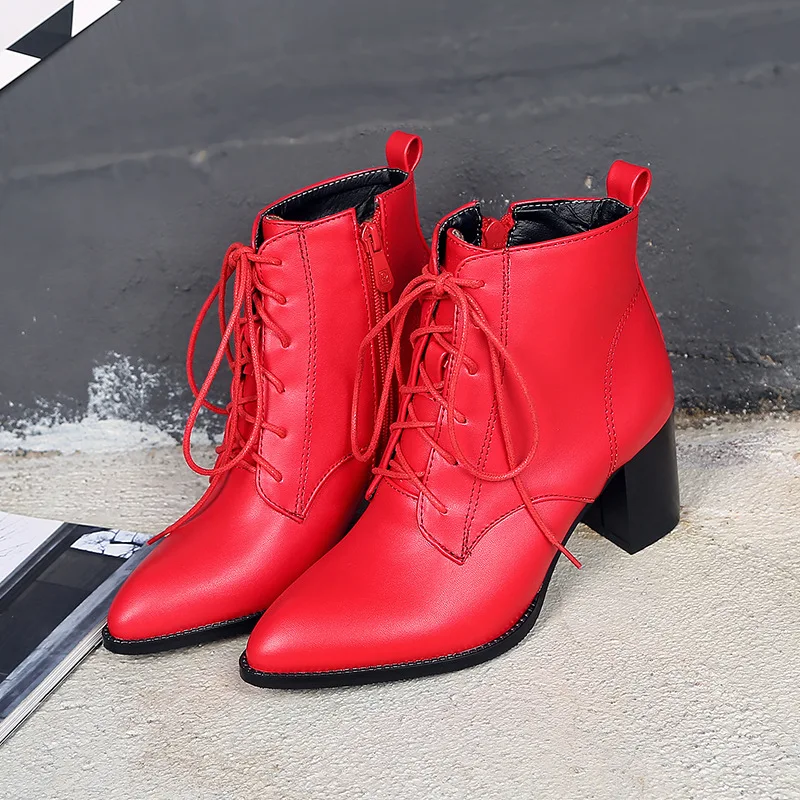 Fashion Ankle Boots for Women Casual Lace Up Autumn Spring Short Boot Female Thick Med Heel Black Red Shoes Lady Big Size 45 46