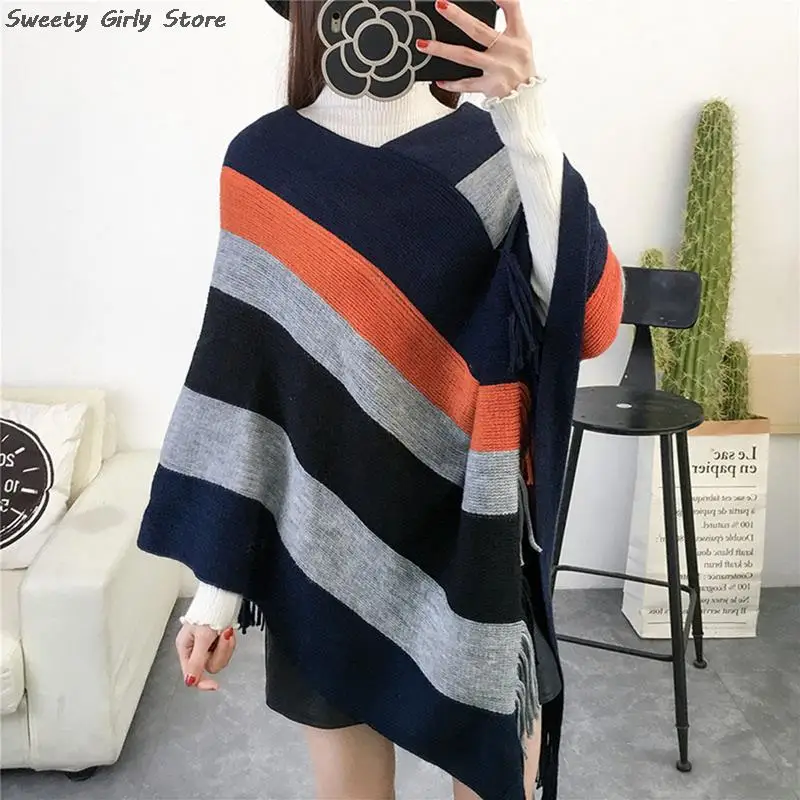 Striped Tassel Knit Poncho Women Winter Autumn Fashion Capes Patchwork Scarves Shawls Coat Warm Blanket Shawl Cardigans Sweater