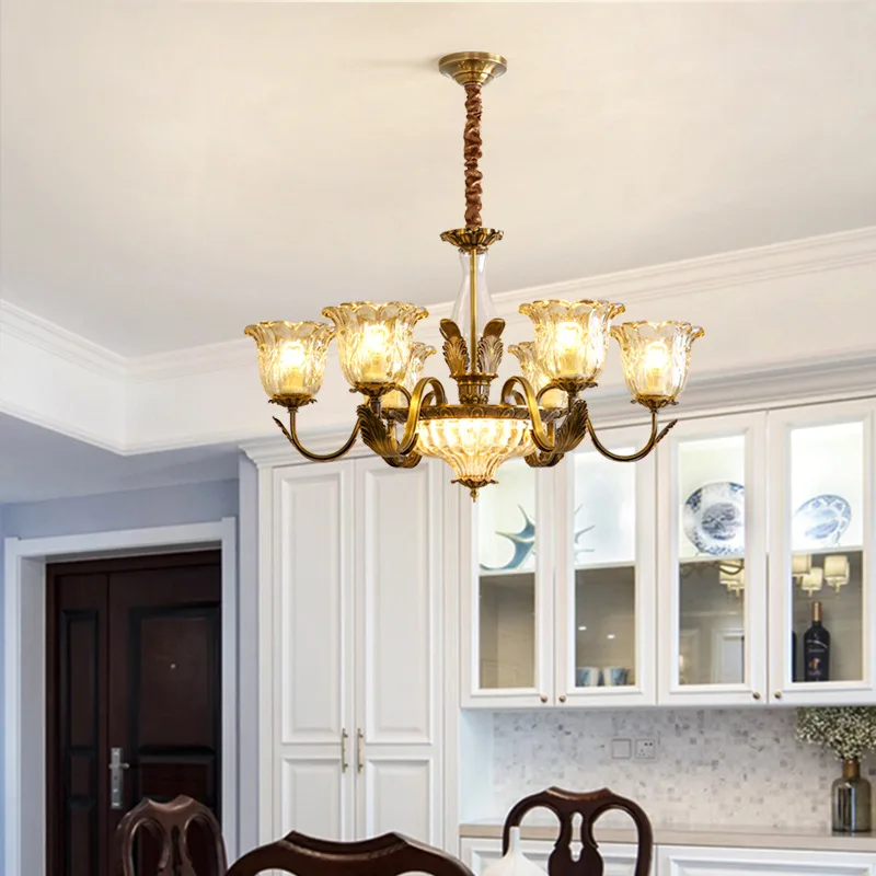 Retro Villa Living Room Chandelier American Classical Hall Dining Room Bedroom All Copper Chandelier High-end European Style