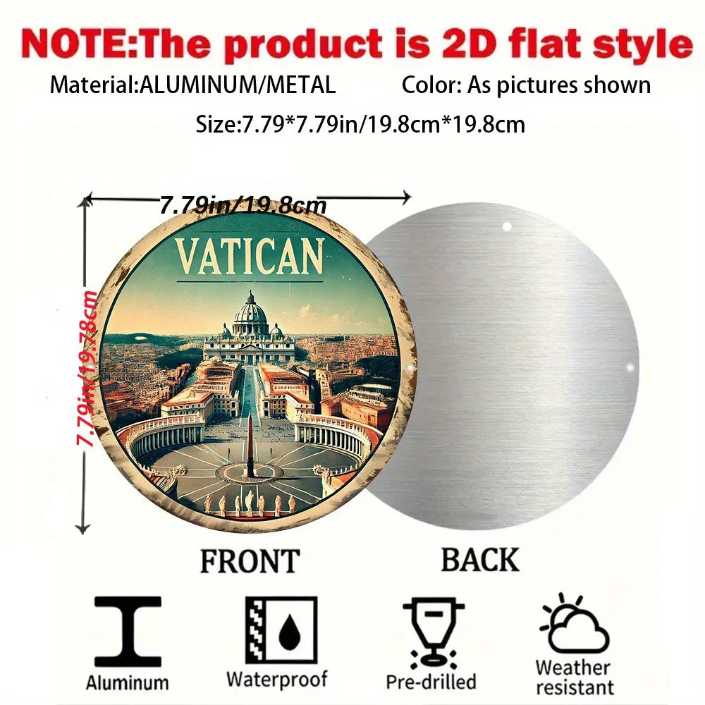 2D Flat, Vatican City St. Peter's Square Wall Art - Vintage European Style Aluminum Sign Suitable for Indoor/Outdoor Use,