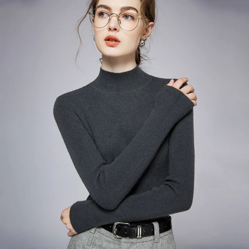 

Autumn/Winter Women's 100% Cashmere Sweater Casual Solid Knitted Hoodie Bottom Sweater Slimming Half High Neck Tops Basic Jumper