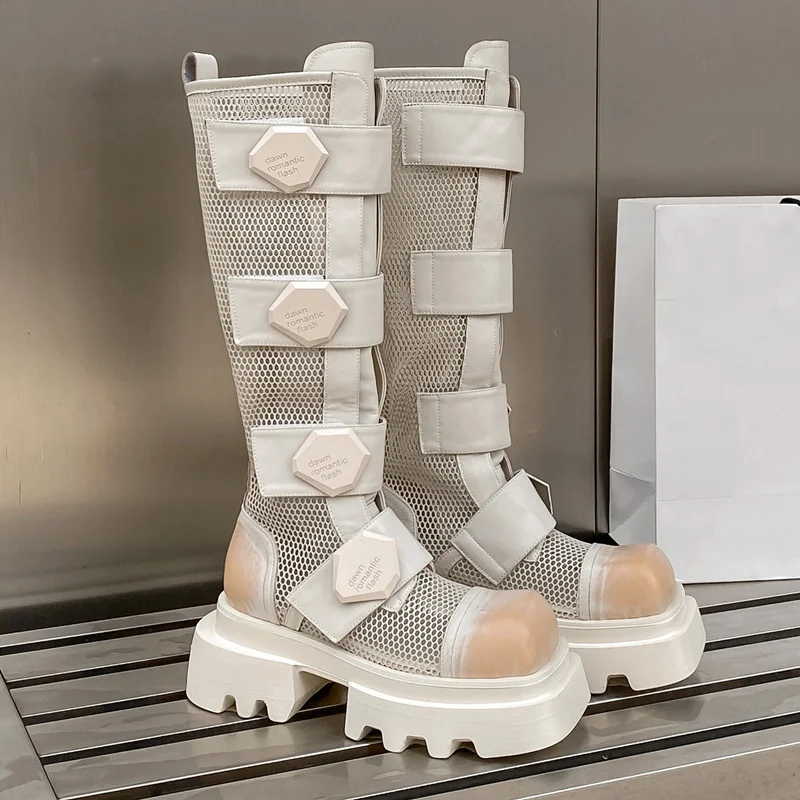 

Hook Net Slingback Patchwork Knee High Boots Sexy Square Toe Hollow Out Square Heel New Arrivals Fashion Women Modern Boots