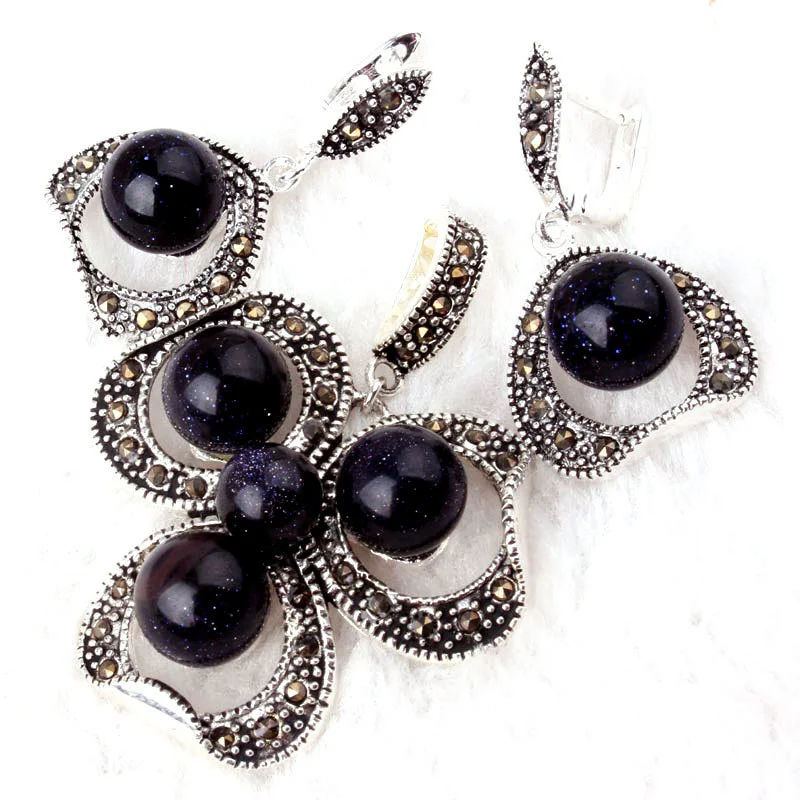 8/10mm Round Blue Sandstone Stone Beads Tibetan Silver Fashion Pendant Earrings,Earring 19x25mm/Pendant 35x45mm Free Shipping