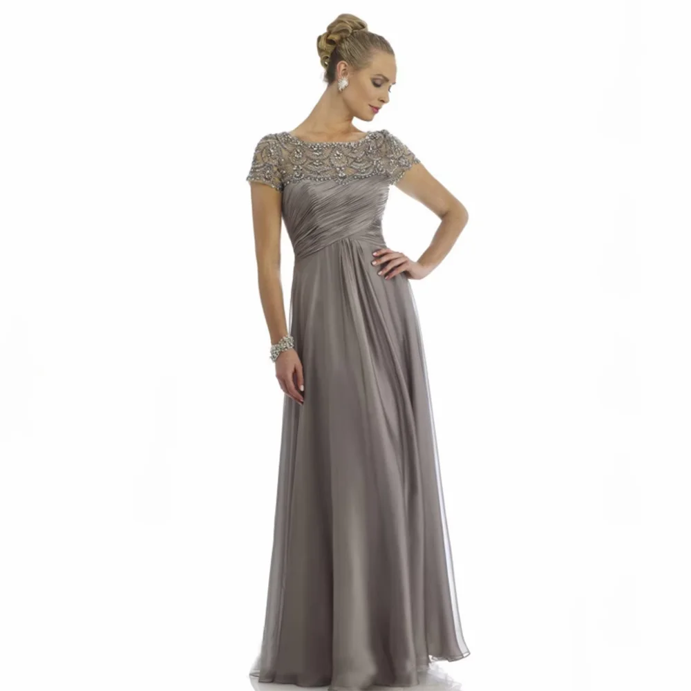 

Luxury Gray Bridesmaid Dresses Floor Length A-line Short Sleeves O-neck Appliques Smart Women Banquet Prom Evening Gowns