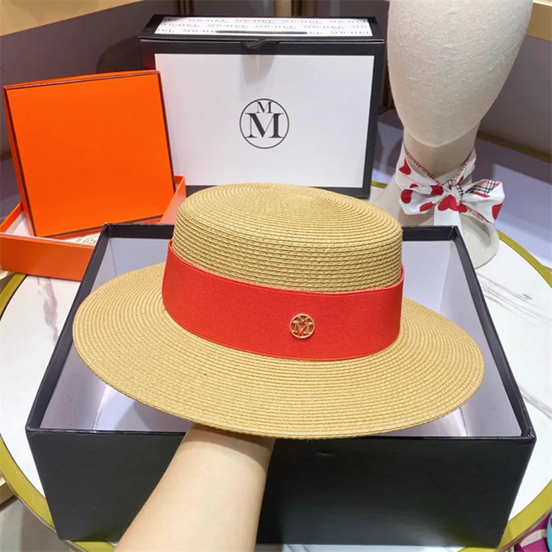 2023 New Straw hat 7cm brim color elastic webbing accessories for women\'s summer flat top straw hat gorras para mujer шляпа