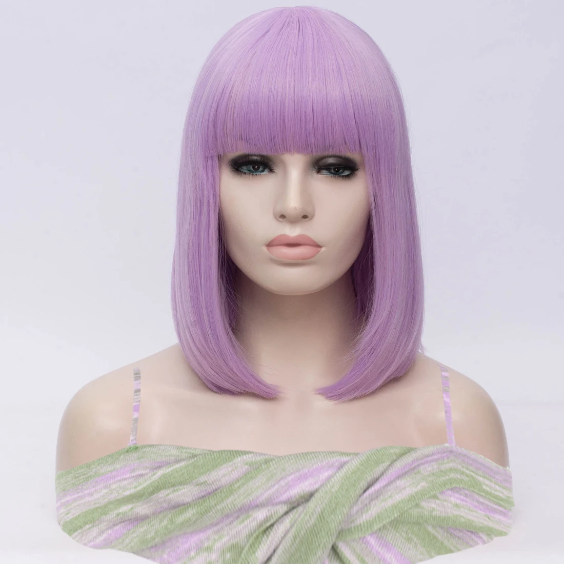 Light Purple Short Straight Synthetic Wig with Bangs Bob Hair Wigs for Women Heat Resistant Cosplay Daily Party