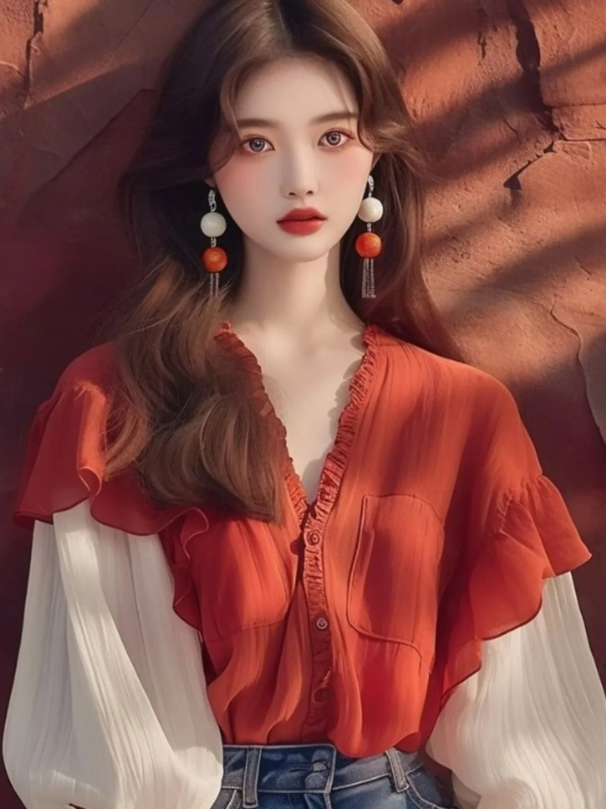 레드 V넥 버블 슬리브 여성용 초가을 고급 유니크 선드 커버업 탑 버튼 루즈핏 롱 슬리브