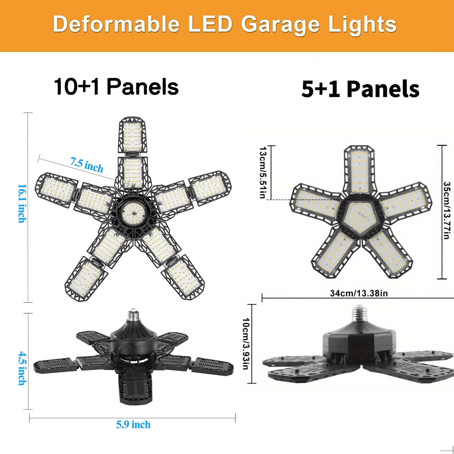 Светодиодный светильник для гаража 5/10 Регулируемые панели E26/E27, потолочный светильник, деформируемый светодиодный светильник для магазина для подвала, мастерской, промышленное освещение