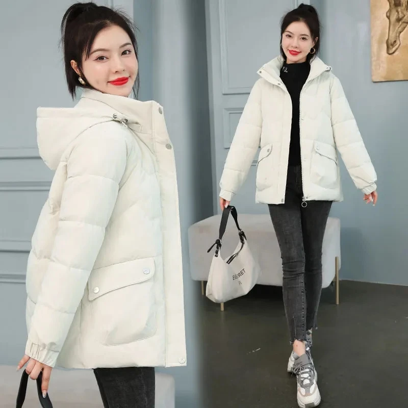 Winter Coat Women 2024 Fashion Middle Age Mother Slim Down Cotton Hooded Jacket Plus Size Casual Solid Warm Thick Outwear Parka