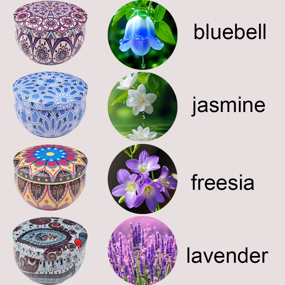4-Pack Scented Candle Set (4 Scents: Jasmine, Freesia, Bluebell, Lavender), Ideal for Yoga, Meditation, Christmas, Holidays, and Party Events, Enhances the Overall Atmosphere, Perfect as a Holiday Gift (for All Four Seasons)