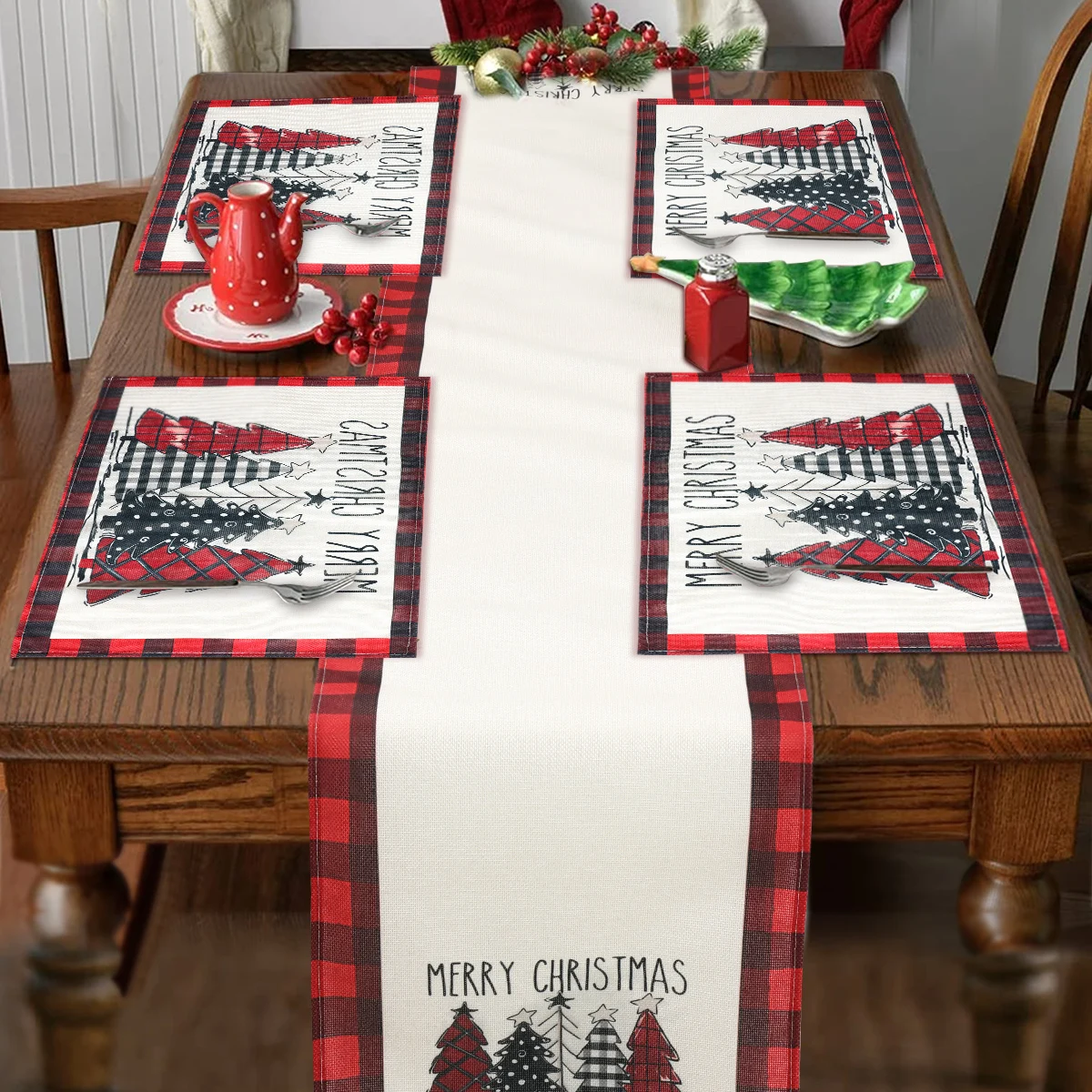 Christmas Linen Table Runner Placemat Set Merry Christmas Decoration for Home 2024 Navidad Xmas Dining Table Decor New Year 2025