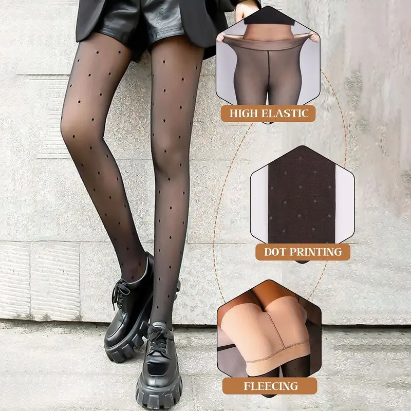 Autumn Winter Polka Dot Sheer Pantyhose for Women Fleece Lined Thick Thermal Tights Fake Translucent Watermelon Crotch Leggings