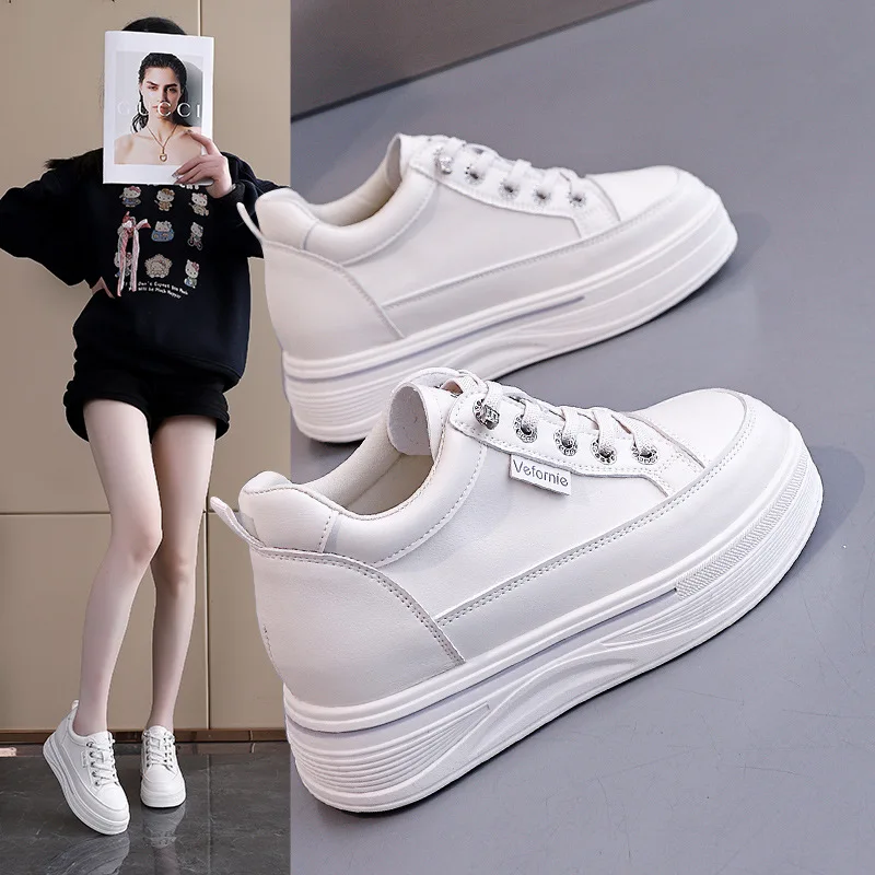 

Women's thick soled inner height increasing white shoes 2026 leather sports and leisure board shoes women's shoes
