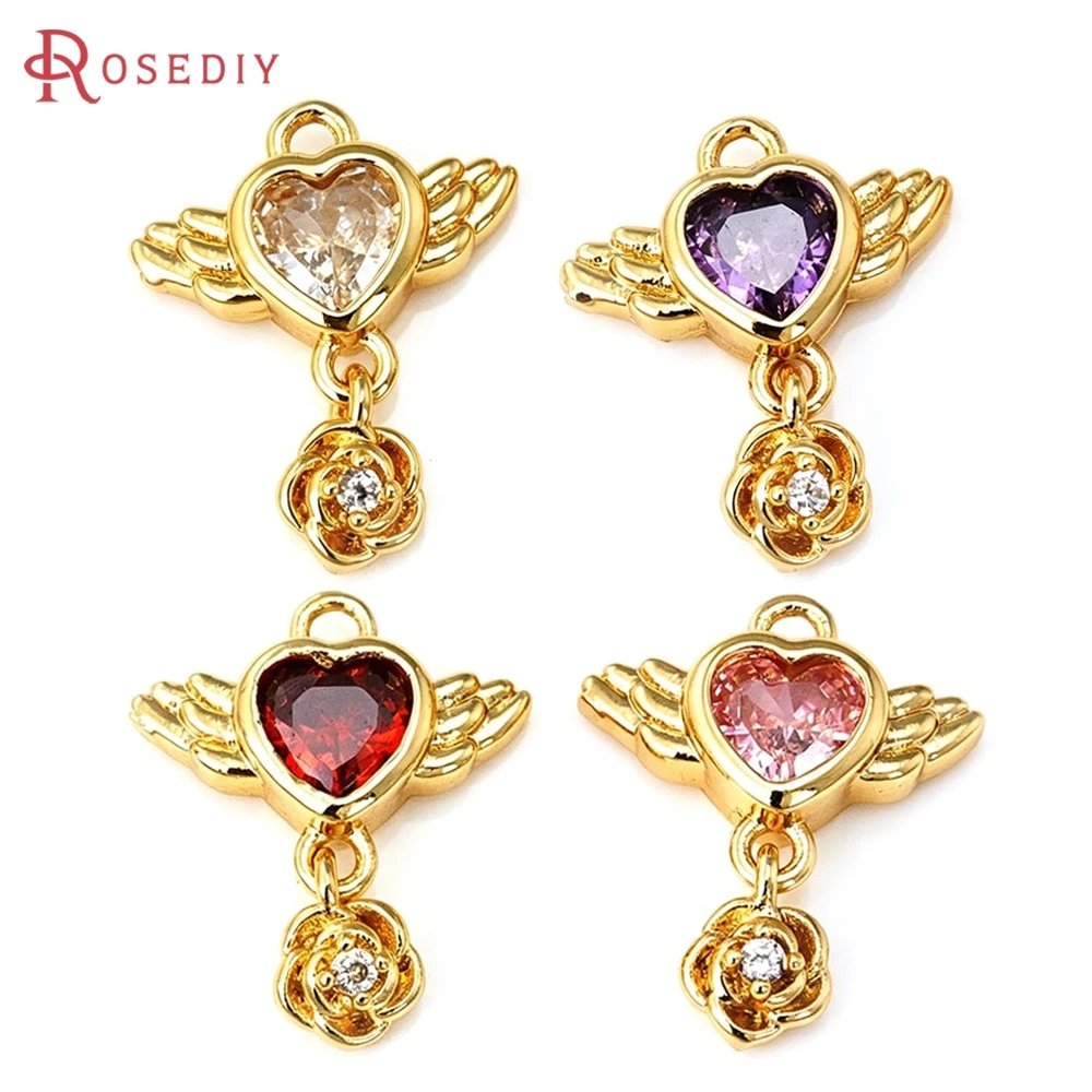 6PCS 18K Gold Color Brass Zircon with Wing Heart Charms Pendants High Quality Diy Necklace Earrings Jewelry Making Accessories